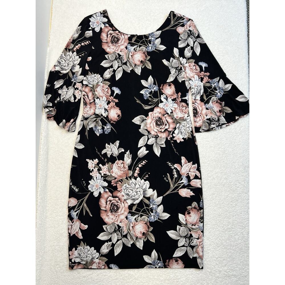 Elegant Frank Lyman Floral Woman Dress 3/4 Sleeve Black Blush Pink Roses, Sz 12